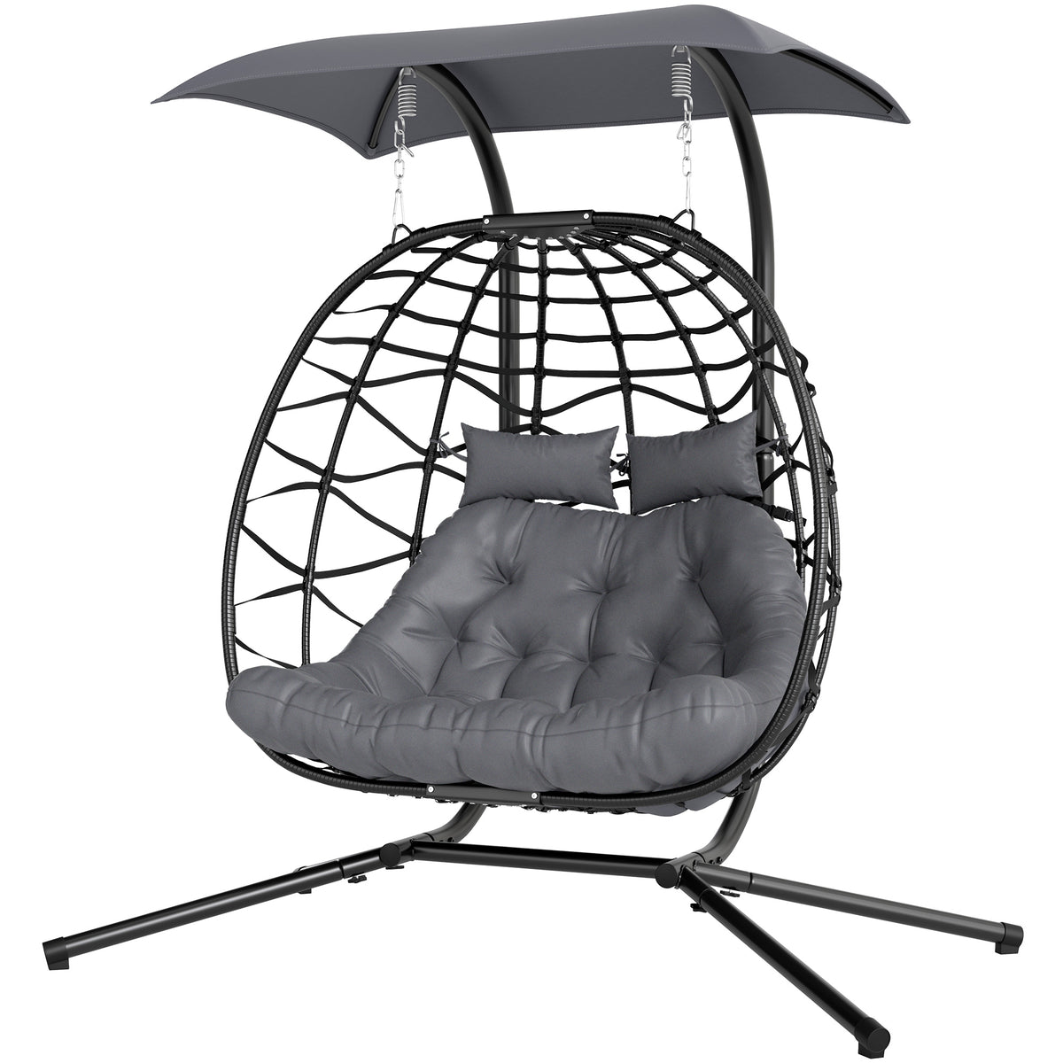 Double Wicker Egg Swing Chair with Canopy - Black-Hammock Swings-DECOROLALA