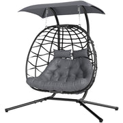 Double Wicker Egg Swing Chair with Canopy - Black-DECOROLALA