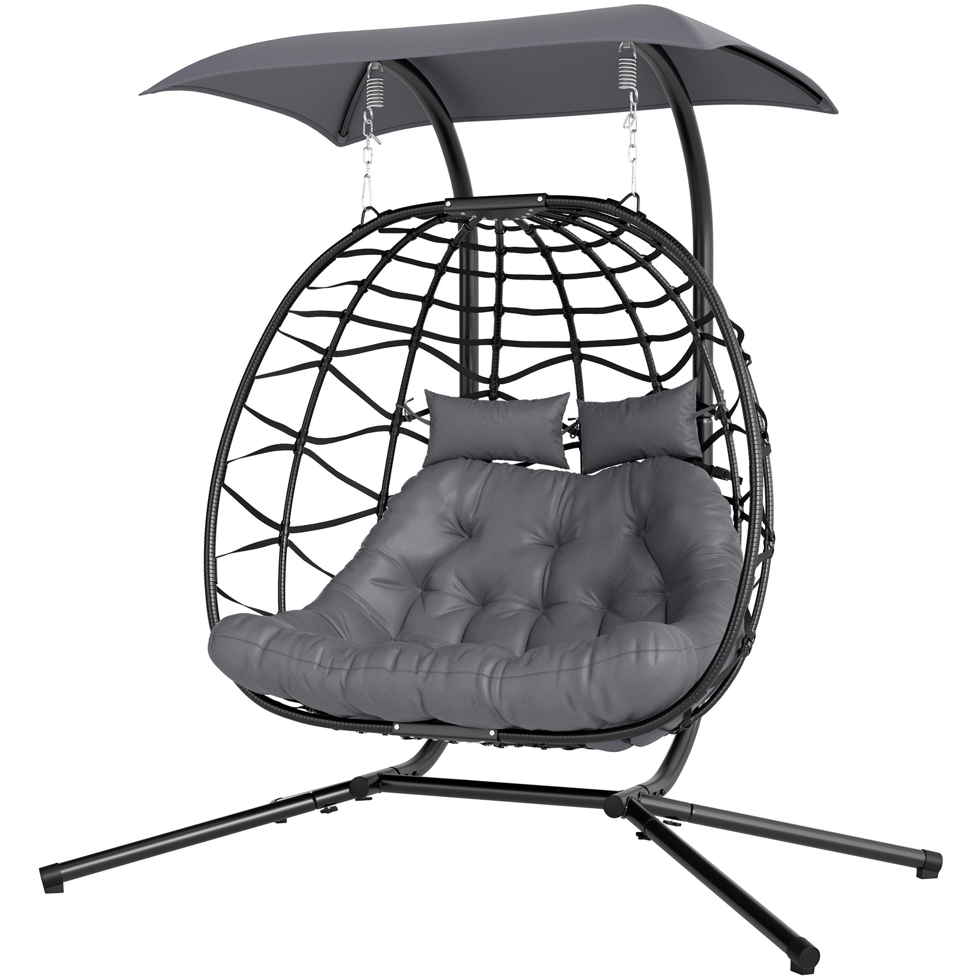 Double Wicker Egg Swing Chair with Canopy - Black-DECOROLALA