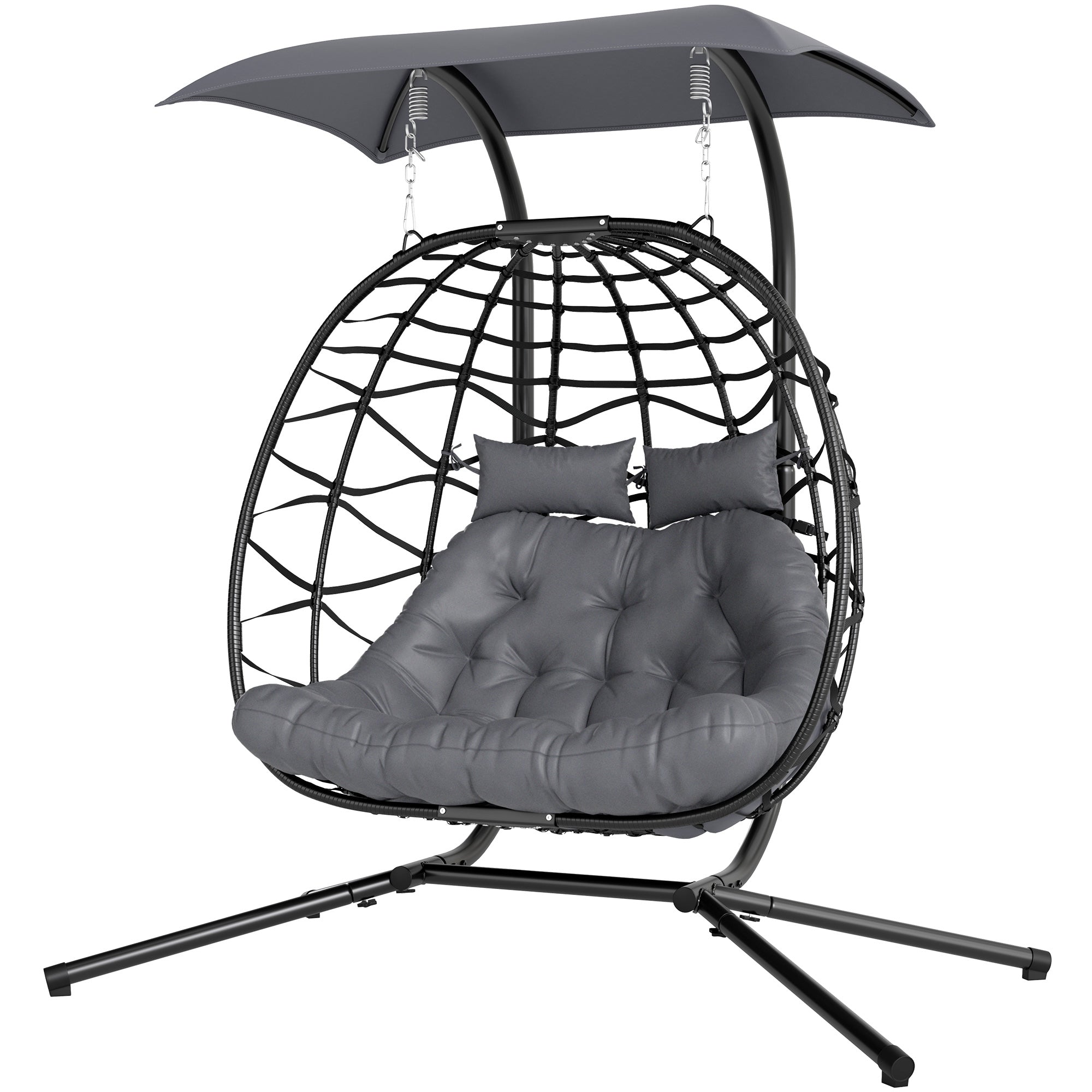Double Wicker Egg Swing Chair with Canopy - Black-DECOROLALA