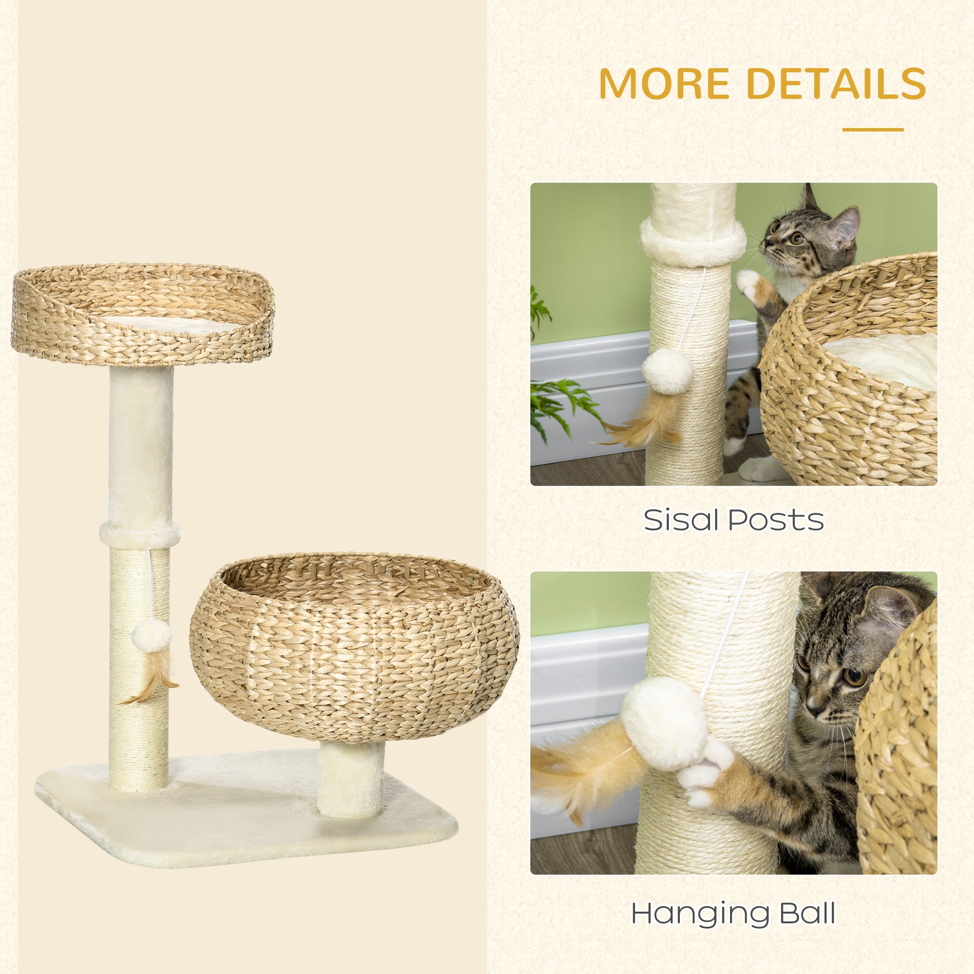 28" Cat Tree with Scratching Post, Cat Tower with Double Beds, Beige