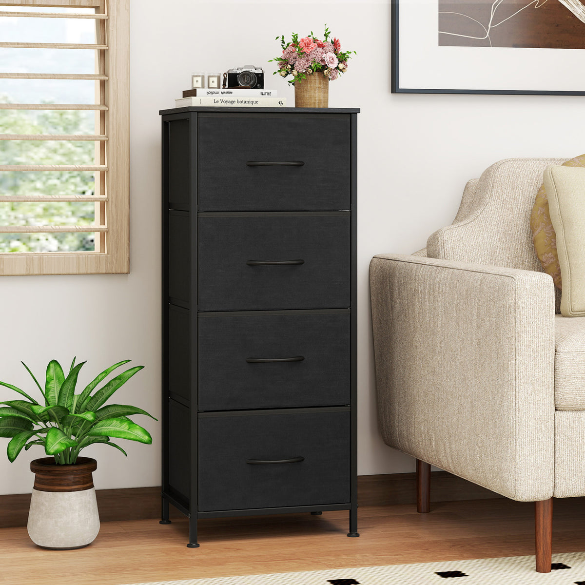 Dresser Nightstand 4 Fabric Drawers Black (min order qty 2)-Dressers & Chests-DECOROLALA