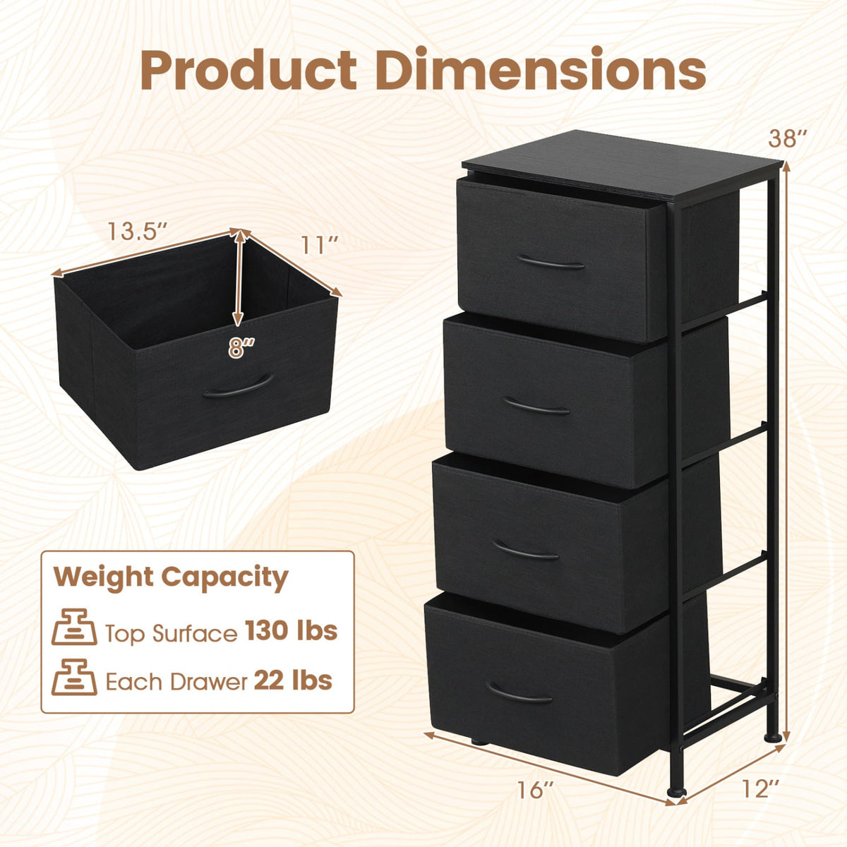 Dresser Nightstand 4 Fabric Drawers Black (min order qty 2)-Dressers & Chests-DECOROLALA