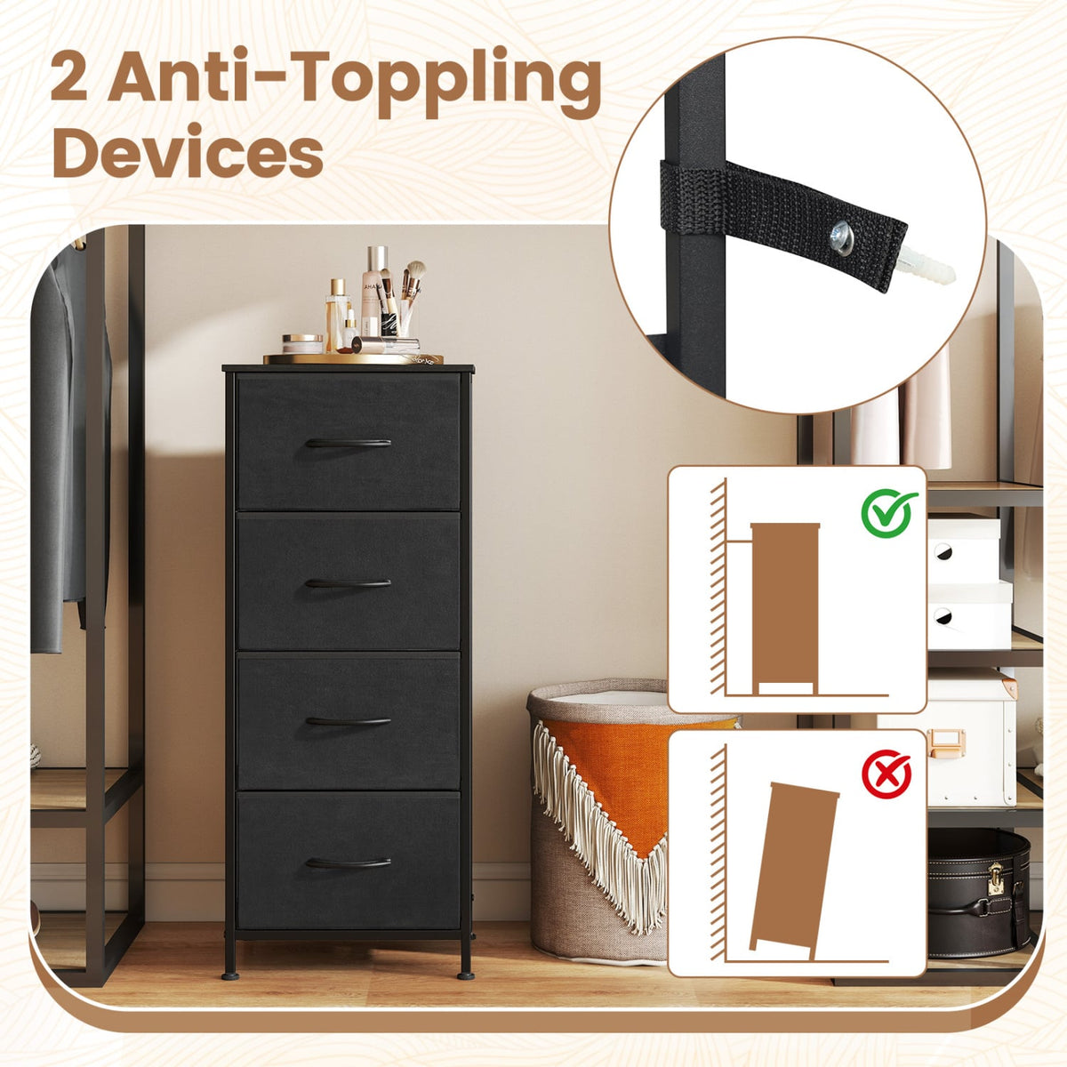 Dresser Nightstand 4 Fabric Drawers Black (min order qty 2)-Dressers & Chests-DECOROLALA