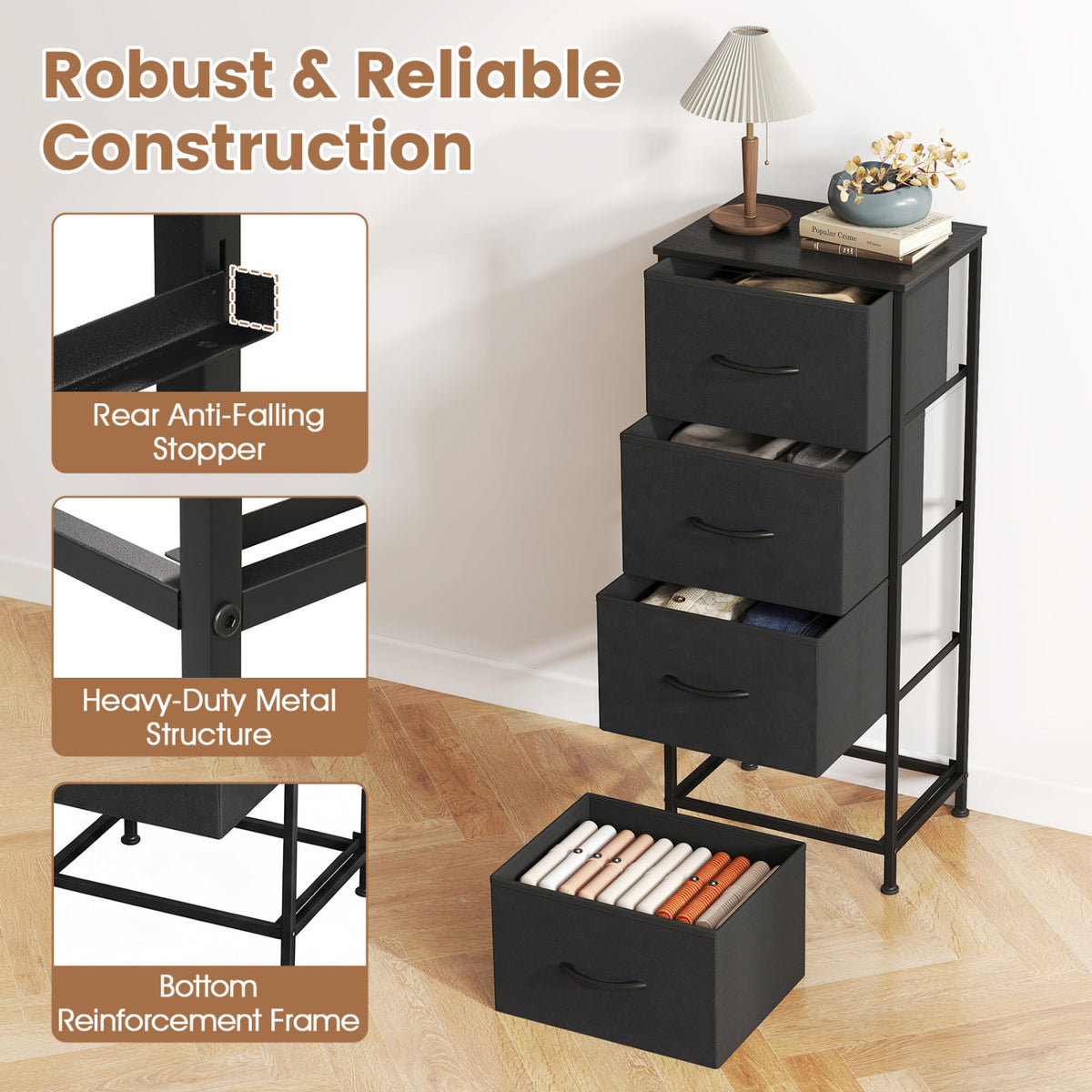 Dresser Nightstand 4 Fabric Drawers Black (min order qty 2)-Dressers & Chests-DECOROLALA