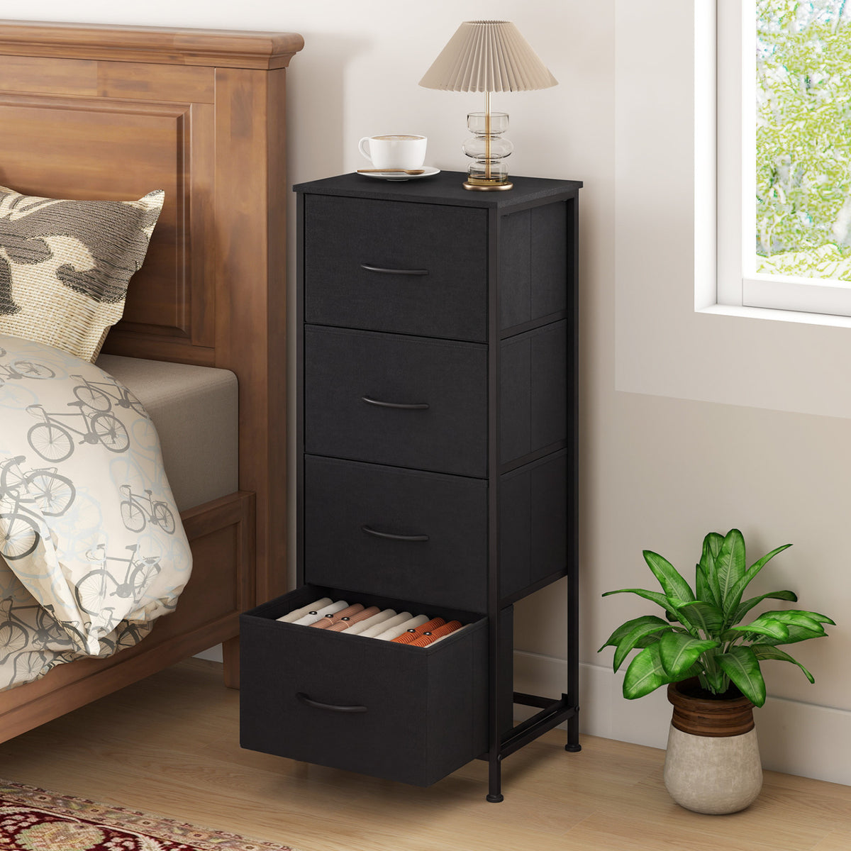 Dresser Nightstand 4 Fabric Drawers Black (min order qty 2)-Dressers & Chests-DECOROLALA