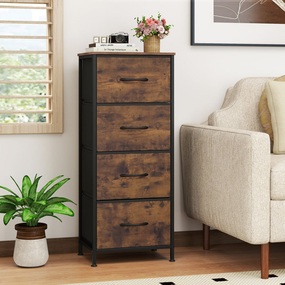Dresser Nightstand 4 Fabric Drawers Brown (min order qty 2)-Dressers & Chests-DECOROLALA