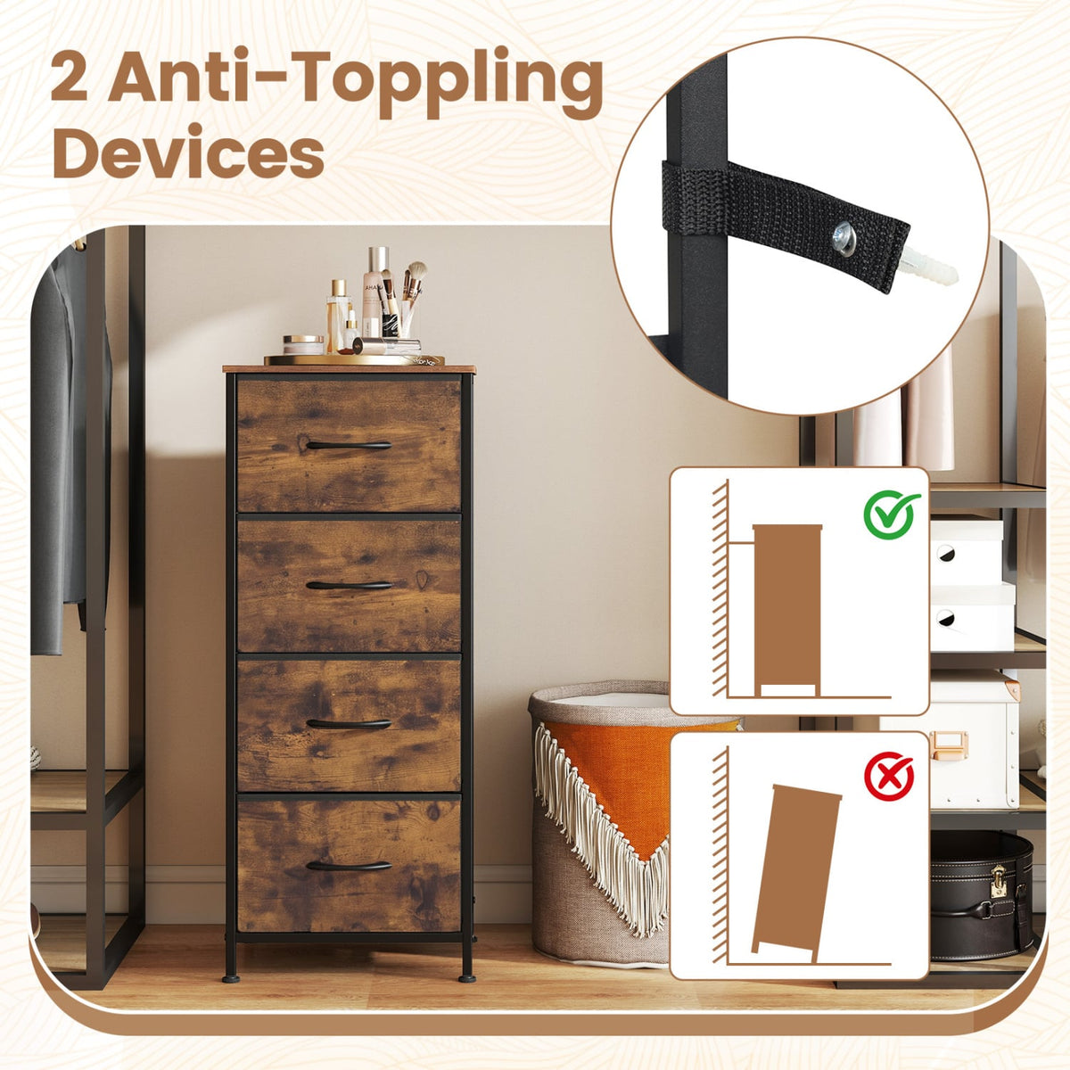 Dresser Nightstand 4 Fabric Drawers Brown (min order qty 2)-Dressers & Chests-DECOROLALA