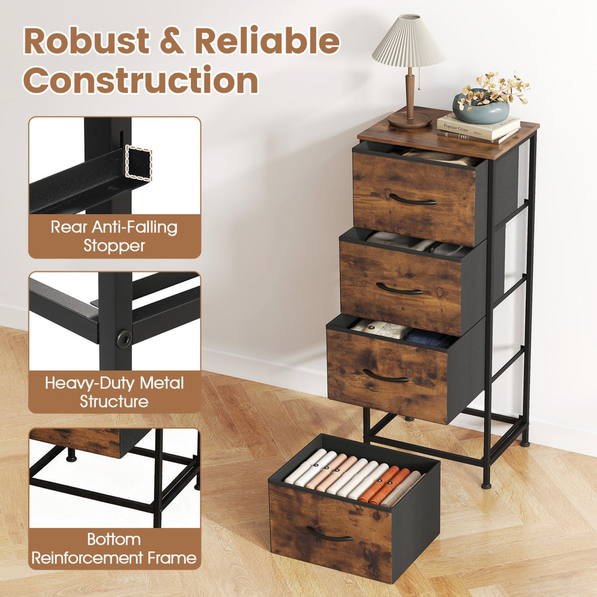 Dresser Nightstand 4 Fabric Drawers Brown (min order qty 2)-Dressers & Chests-DECOROLALA