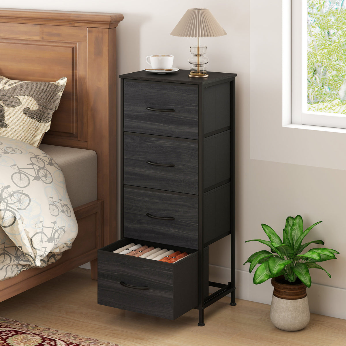 Dresser Nightstand 4 Fabric Drawers Metal Frame Charcoal Black (min order qty 2)-Dressers & Chests-DECOROLALA