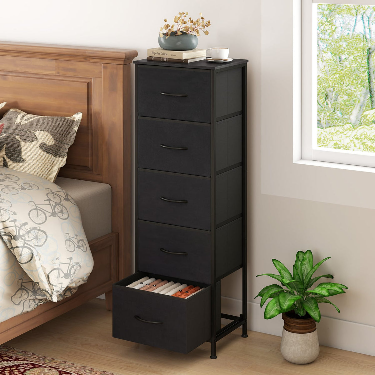 Dresser Nightstand with 5 Fabric Drawers - Black (min order qty 2)-Dressers & Chests-DECOROLALA