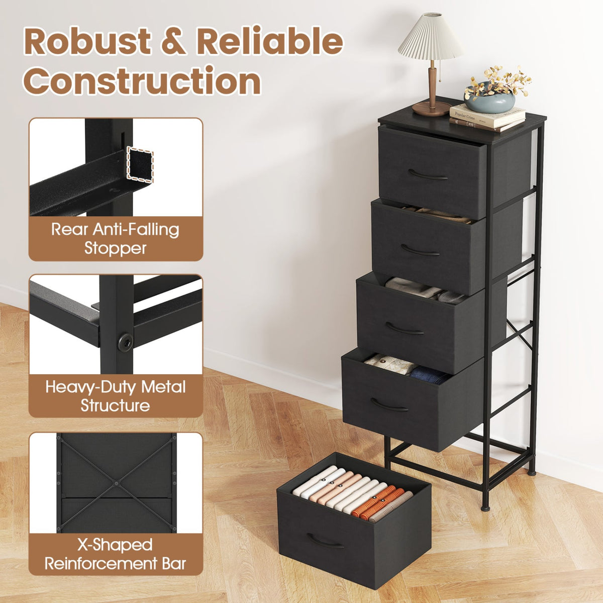 Dresser Nightstand with 5 Fabric Drawers - Black (min order qty 2)-Dressers & Chests-DECOROLALA