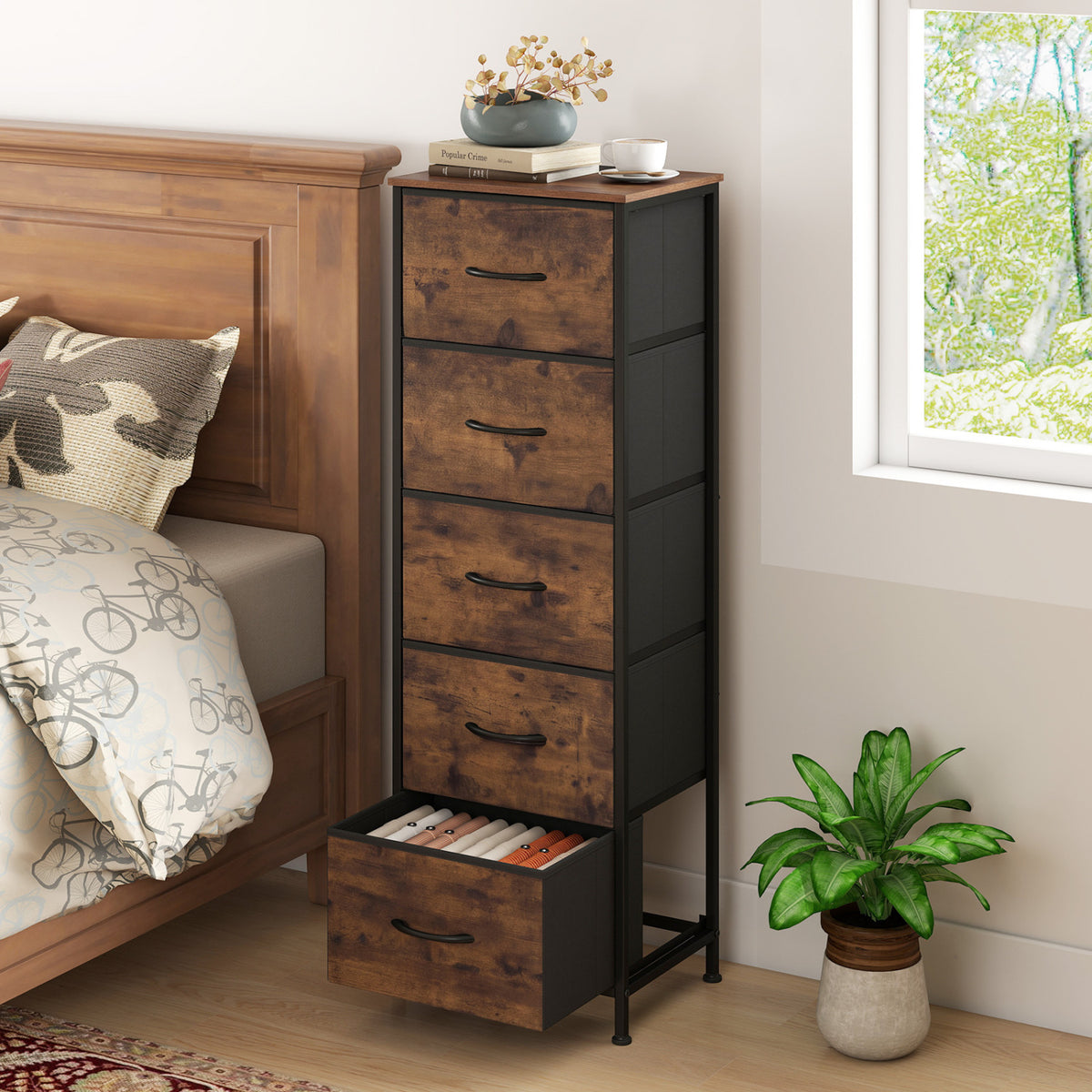 Dresser Nightstand with 5 Fabric Drawers - Rustic Brown (min order qty 2)-Dressers & Chests-DECOROLALA