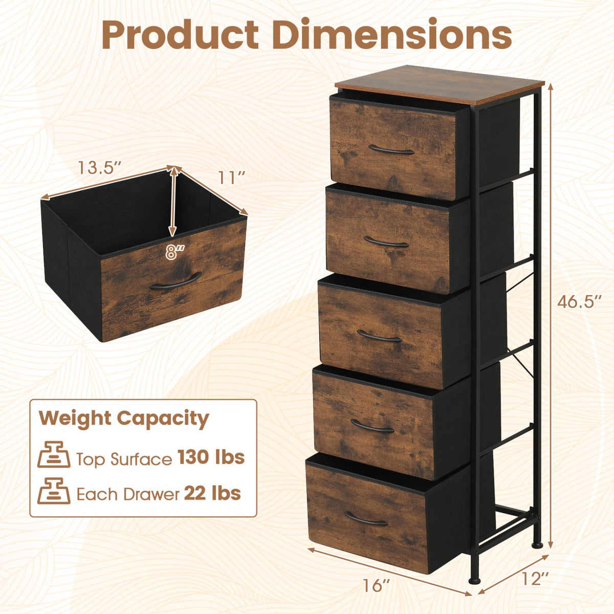 Dresser Nightstand with 5 Fabric Drawers - Rustic Brown (min order qty 2)-Dressers & Chests-DECOROLALA