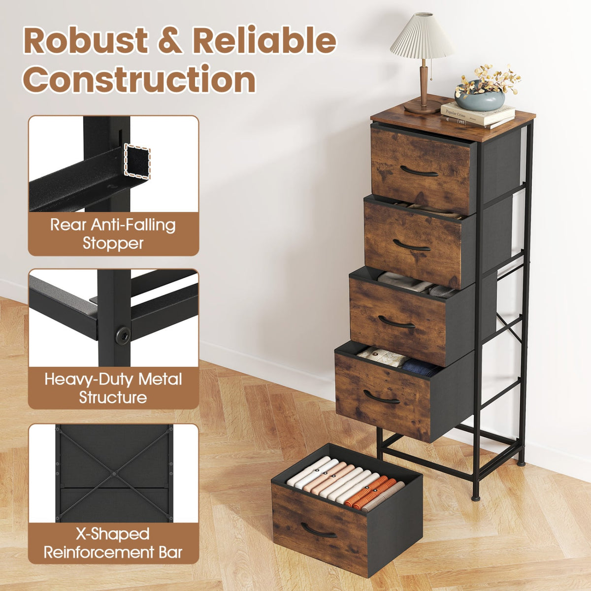 Dresser Nightstand with 5 Fabric Drawers - Rustic Brown (min order qty 2)-Dressers & Chests-DECOROLALA