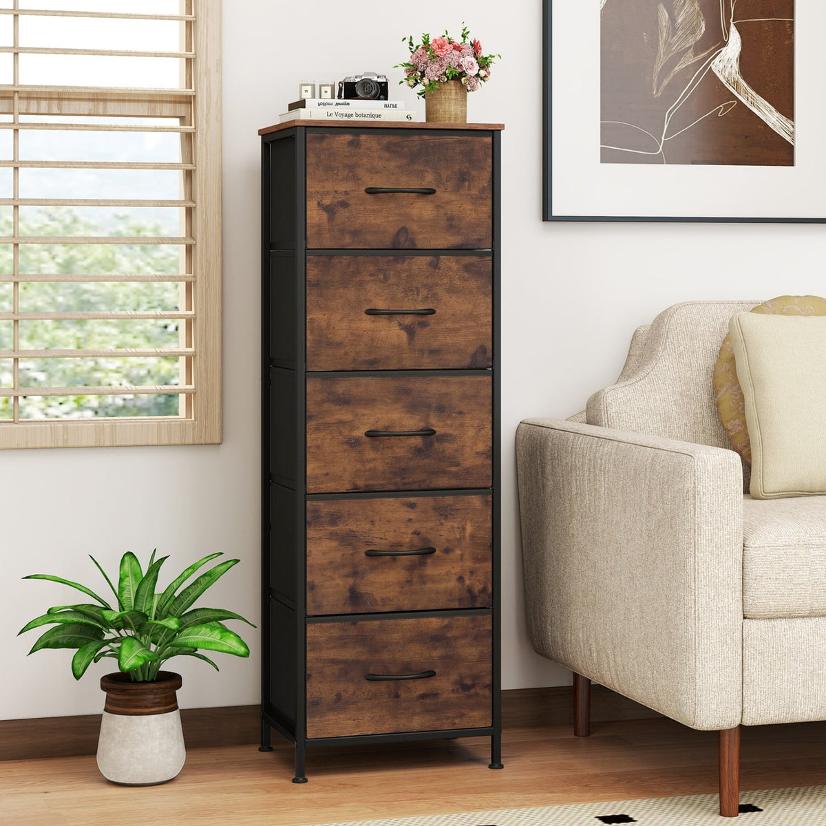 Dresser Nightstand with 5 Fabric Drawers - Rustic Brown (min order qty 2)-Dressers & Chests-DECOROLALA
