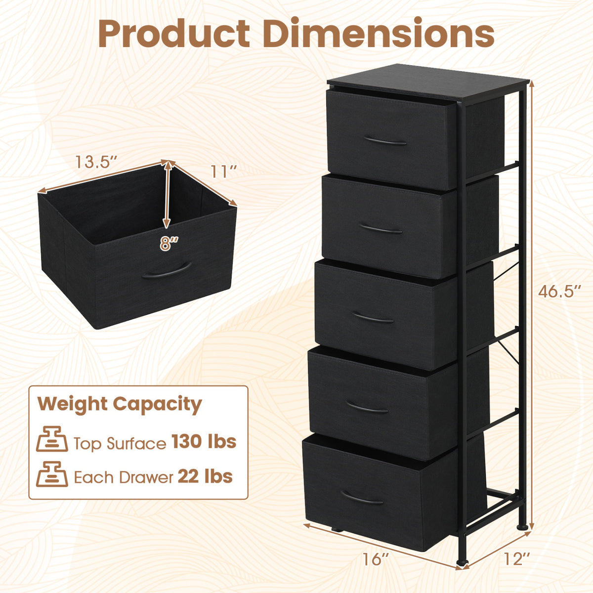 Dresser Nightstand with 5 Fabric Drawers - Black (min order qty 2)-Dressers & Chests-DECOROLALA