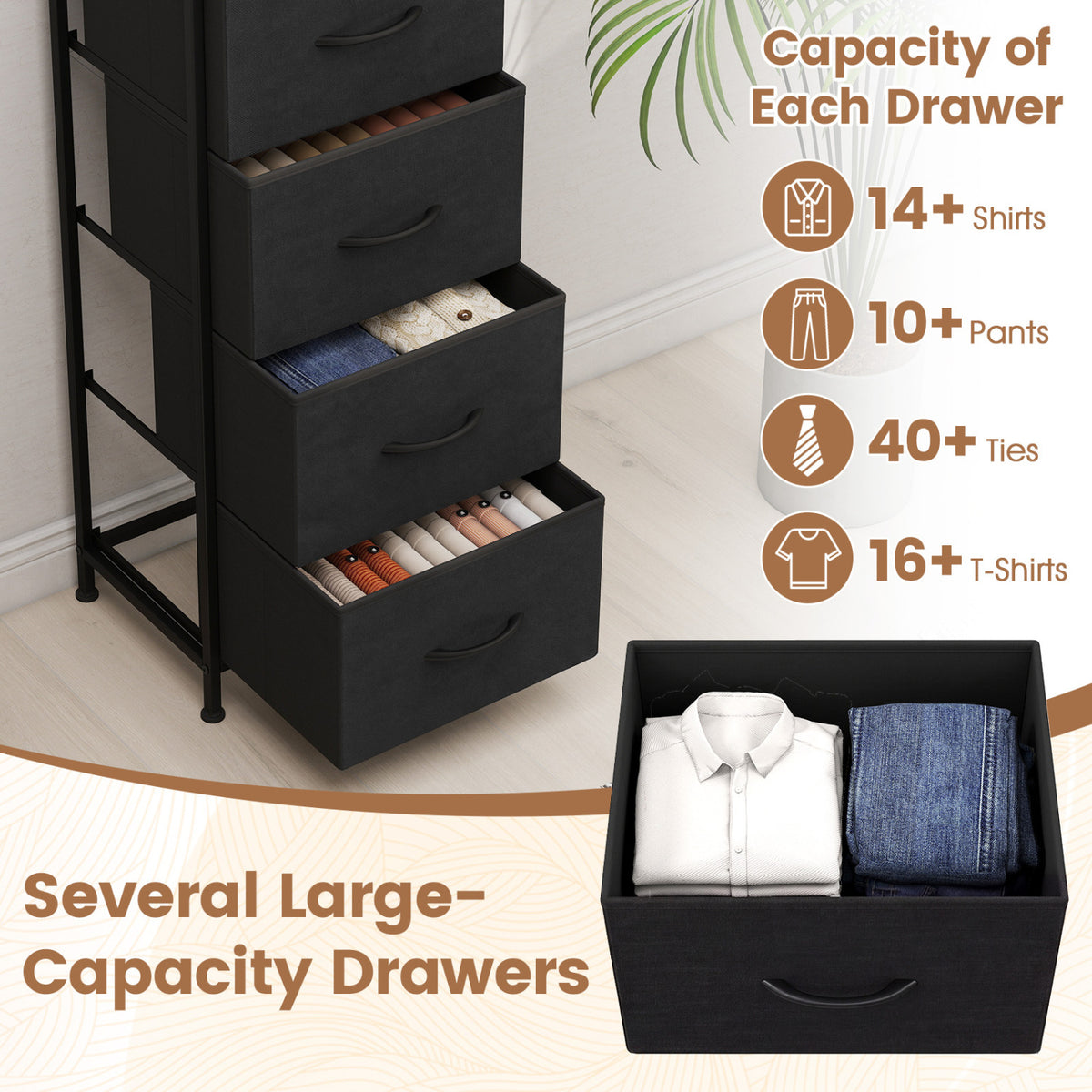 Dresser Nightstand with 5 Fabric Drawers - Black (min order qty 2)-Dressers & Chests-DECOROLALA