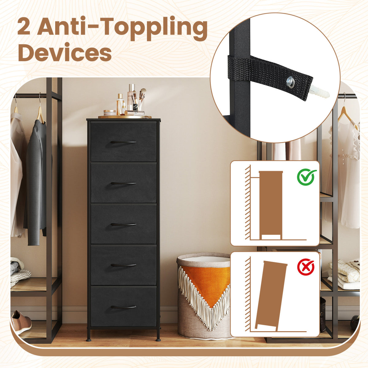 Dresser Nightstand with 5 Fabric Drawers - Black (min order qty 2)-Dressers & Chests-DECOROLALA