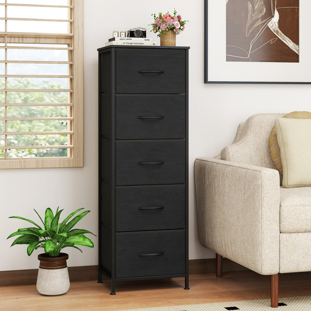 Dresser Nightstand with 5 Fabric Drawers - Black (min order qty 2)-Dressers & Chests-DECOROLALA
