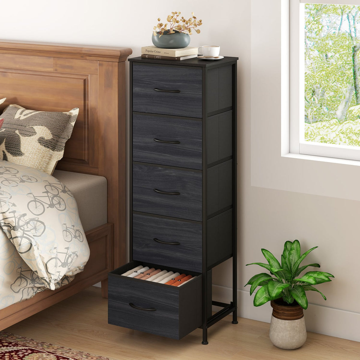 Dresser Nightstand with 5 Fabric Drawers - Charcoal Black (min order qty 2)-Dressers & Chests-DECOROLALA