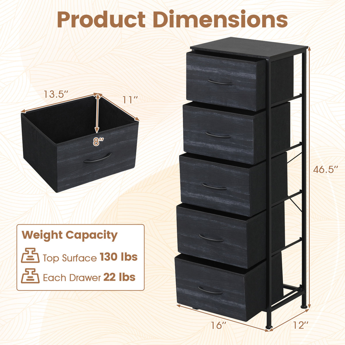 Dresser Nightstand with 5 Fabric Drawers - Charcoal Black (min order qty 2)-Dressers & Chests-DECOROLALA