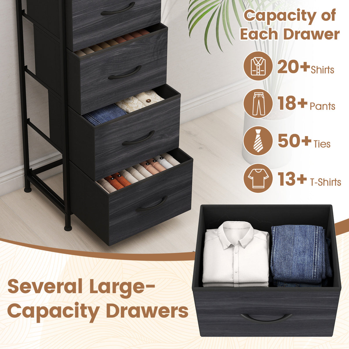Dresser Nightstand with 5 Fabric Drawers - Charcoal Black (min order qty 2)-Dressers & Chests-DECOROLALA