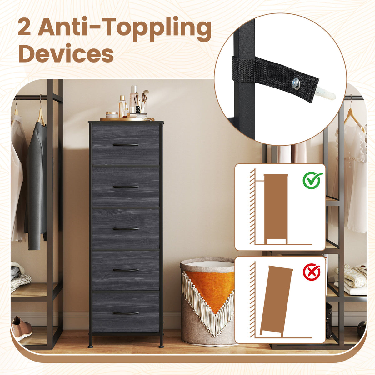Dresser Nightstand with 5 Fabric Drawers - Charcoal Black (min order qty 2)-Dressers & Chests-DECOROLALA