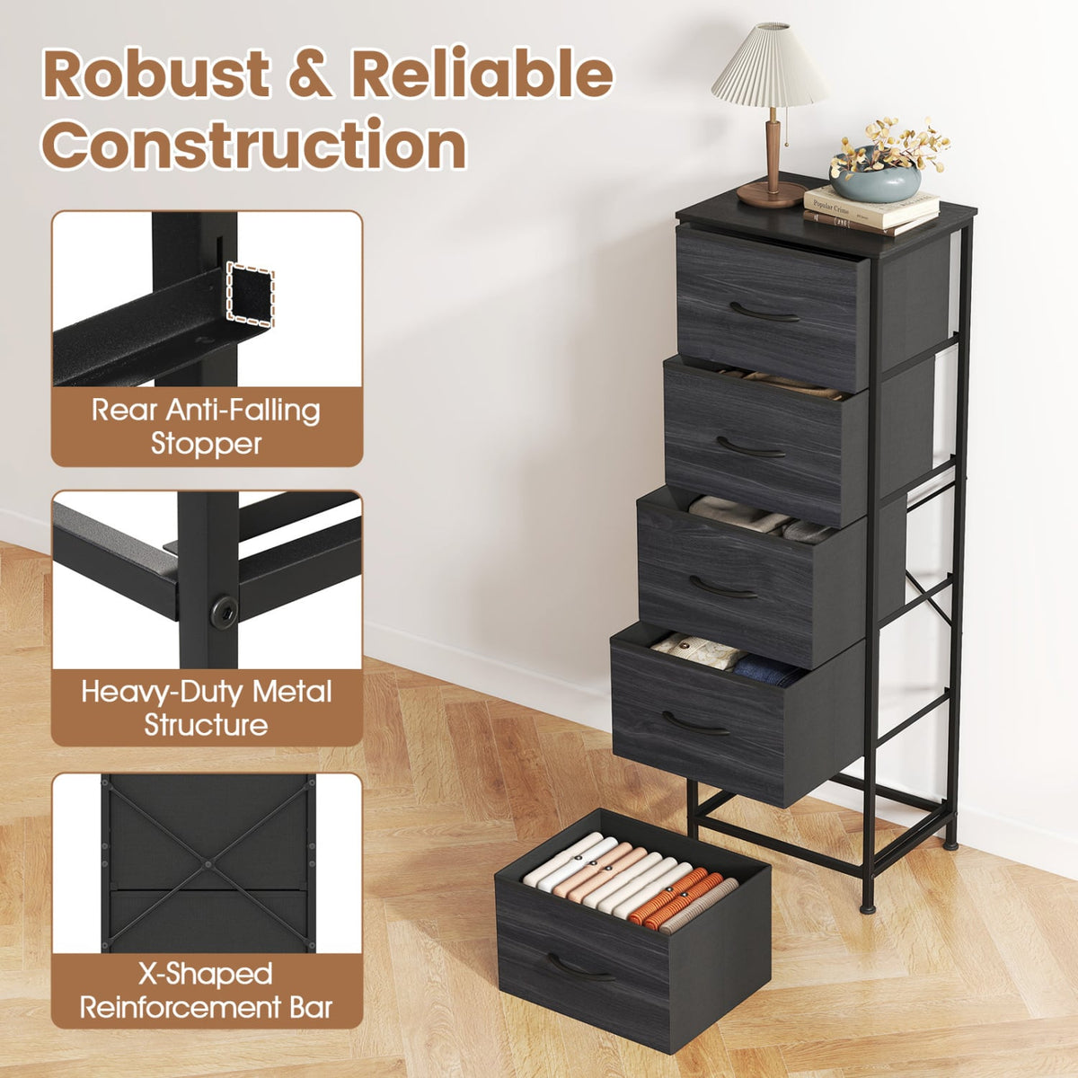 Dresser Nightstand with 5 Fabric Drawers - Charcoal Black (min order qty 2)-Dressers & Chests-DECOROLALA