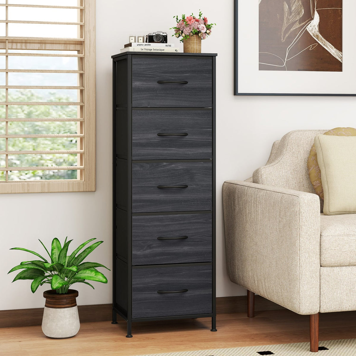 Dresser Nightstand with 5 Fabric Drawers - Charcoal Black (min order qty 2)-Dressers & Chests-DECOROLALA
