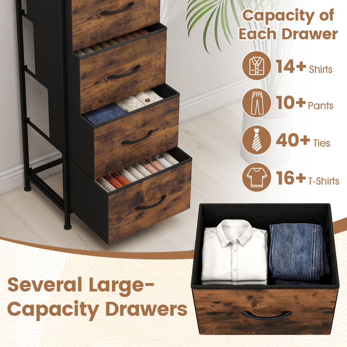 Dresser Nightstand with 5 Fabric Drawers - Rustic Brown (min order qty 2)-Dressers & Chests-DECOROLALA