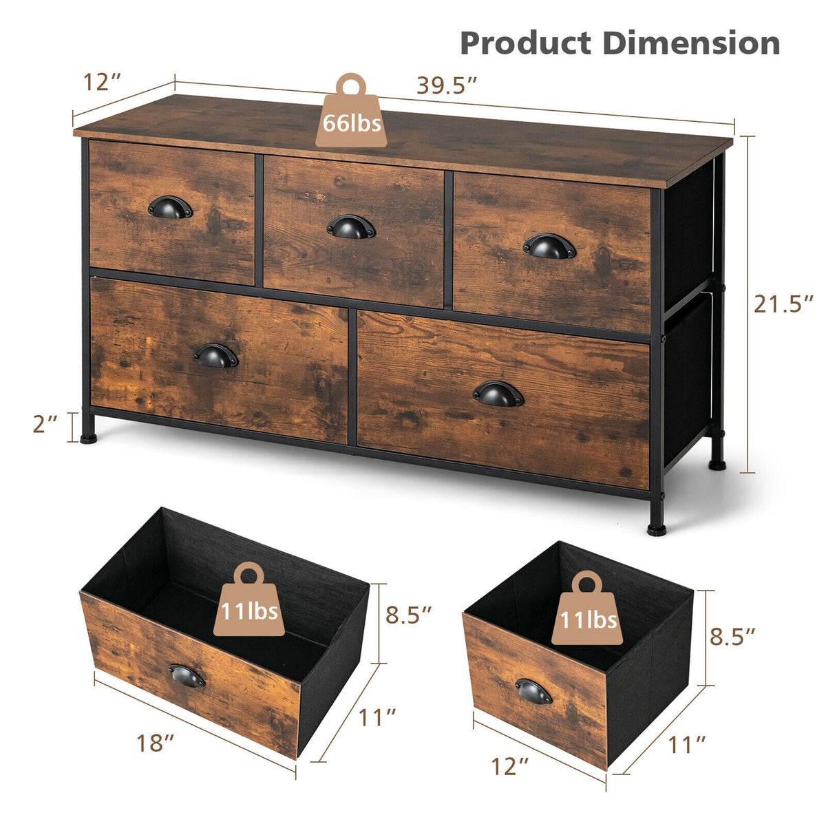 Dresser Organizer 5 Drawers Rustic Brown (min order qty 2)-Dressers & Chests-DECOROLALA