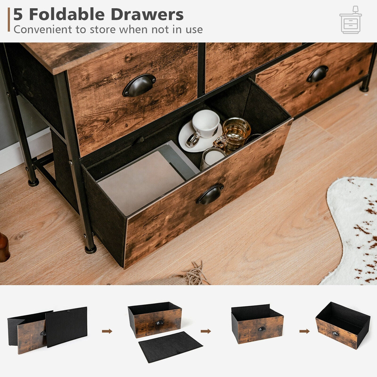 Dresser Organizer 5 Drawers Rustic Brown (min order qty 2)-Dressers & Chests-DECOROLALA