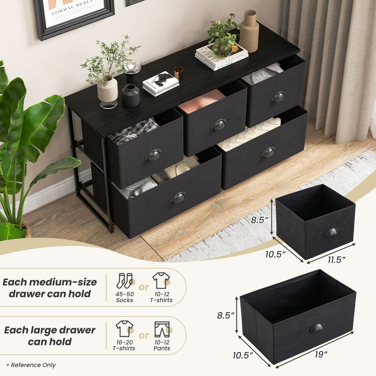 Dresser Storage Tower with 5 Foldable Cloth Storage Cubes-Black-Dressers & Chests-DECOROLALA