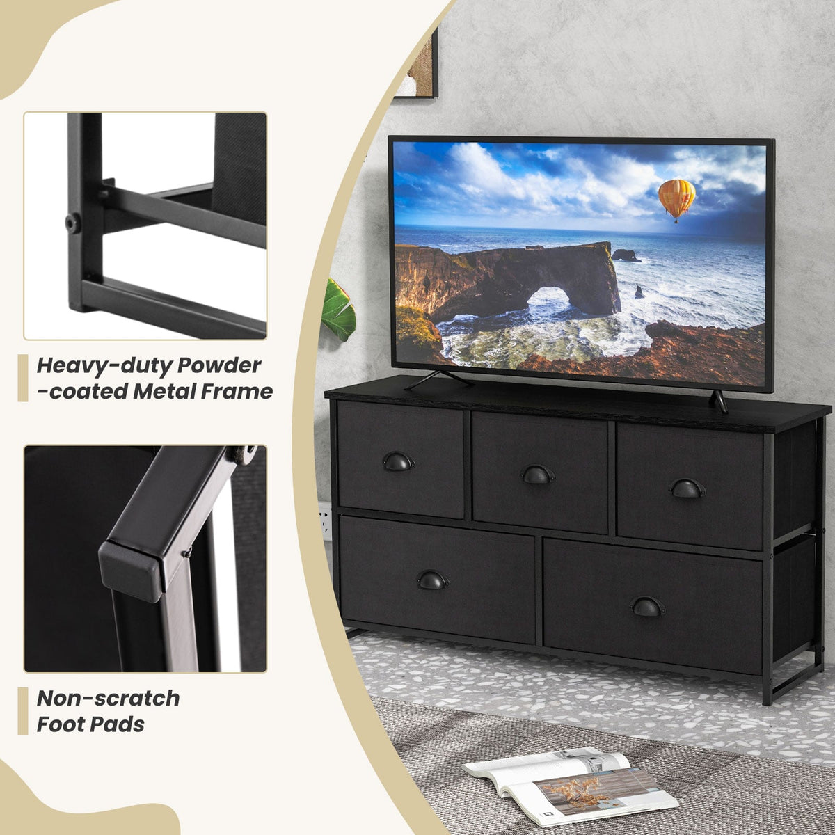 Dresser Storage Tower with 5 Foldable Cloth Storage Cubes-Black-Dressers & Chests-DECOROLALA