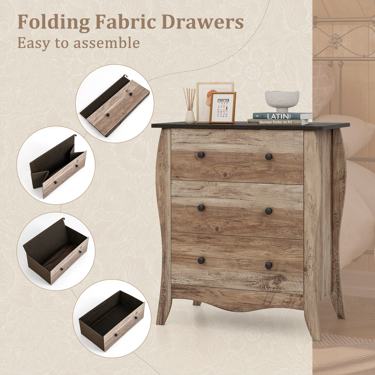 Dresser with 3 Fabric Drawers - Brown (min order qty 2)-Dressers & Chests-DECOROLALA