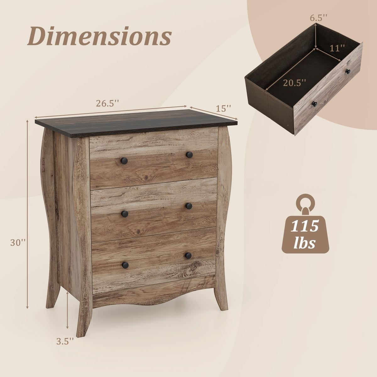 Dresser with 3 Fabric Drawers - Brown (min order qty 2)-Dressers & Chests-DECOROLALA