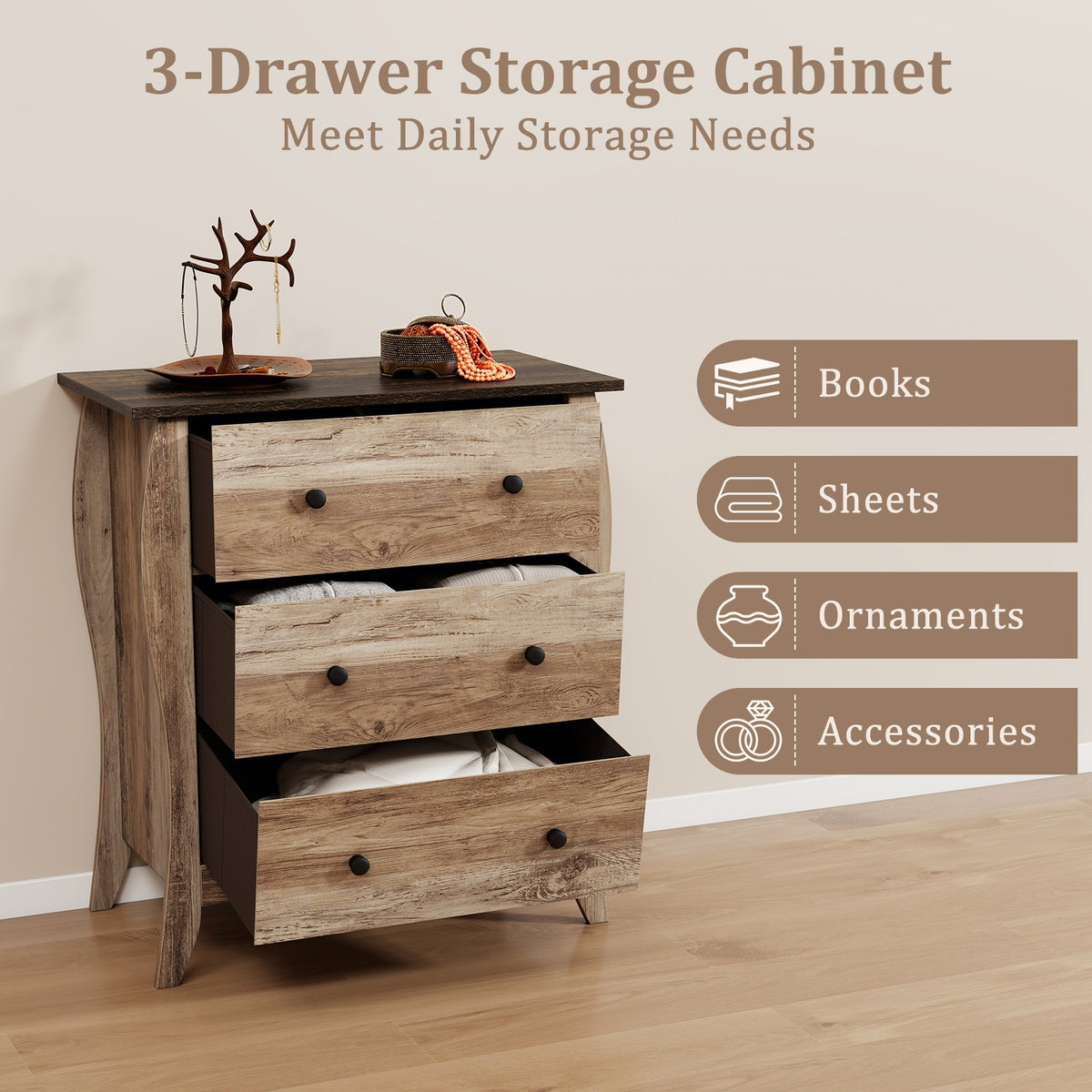 Dresser with 3 Fabric Drawers - Brown (min order qty 2)-Dressers & Chests-DECOROLALA