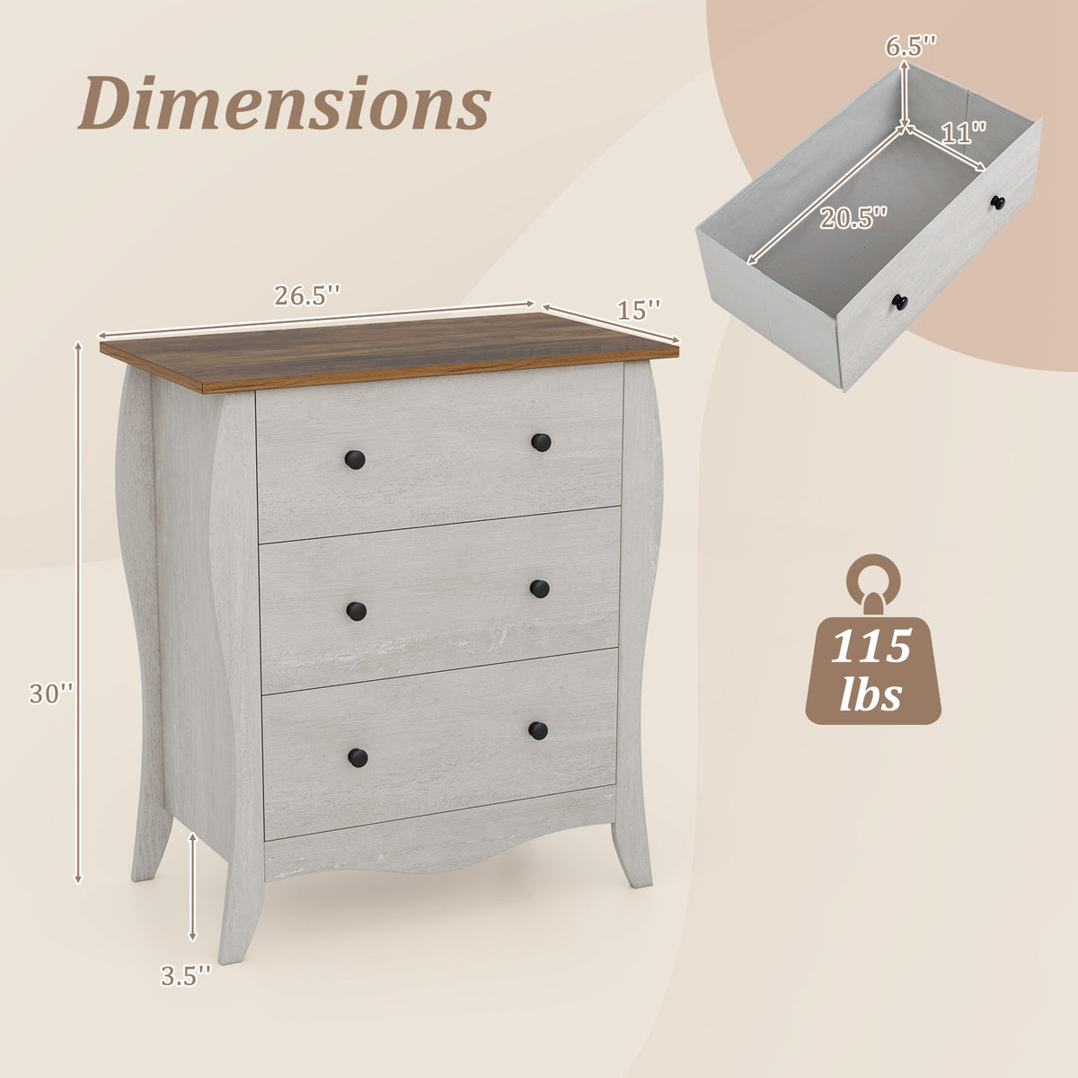 Dresser with 3 Fabric Drawers - Gray (min order qty 2)-Dressers & Chests-DECOROLALA