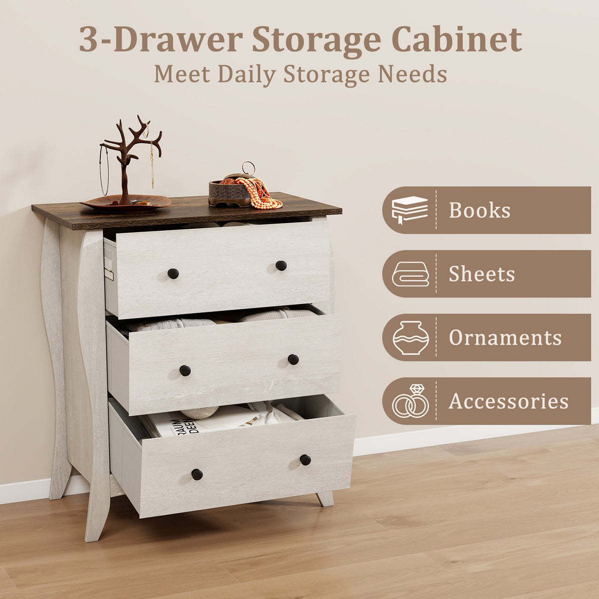 Dresser with 3 Fabric Drawers - Gray (min order qty 2)-Dressers & Chests-DECOROLALA