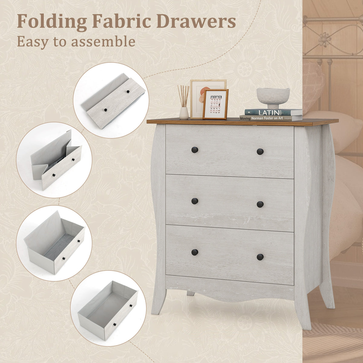 Dresser with 3 Fabric Drawers - Gray (min order qty 2)-Dressers & Chests-DECOROLALA