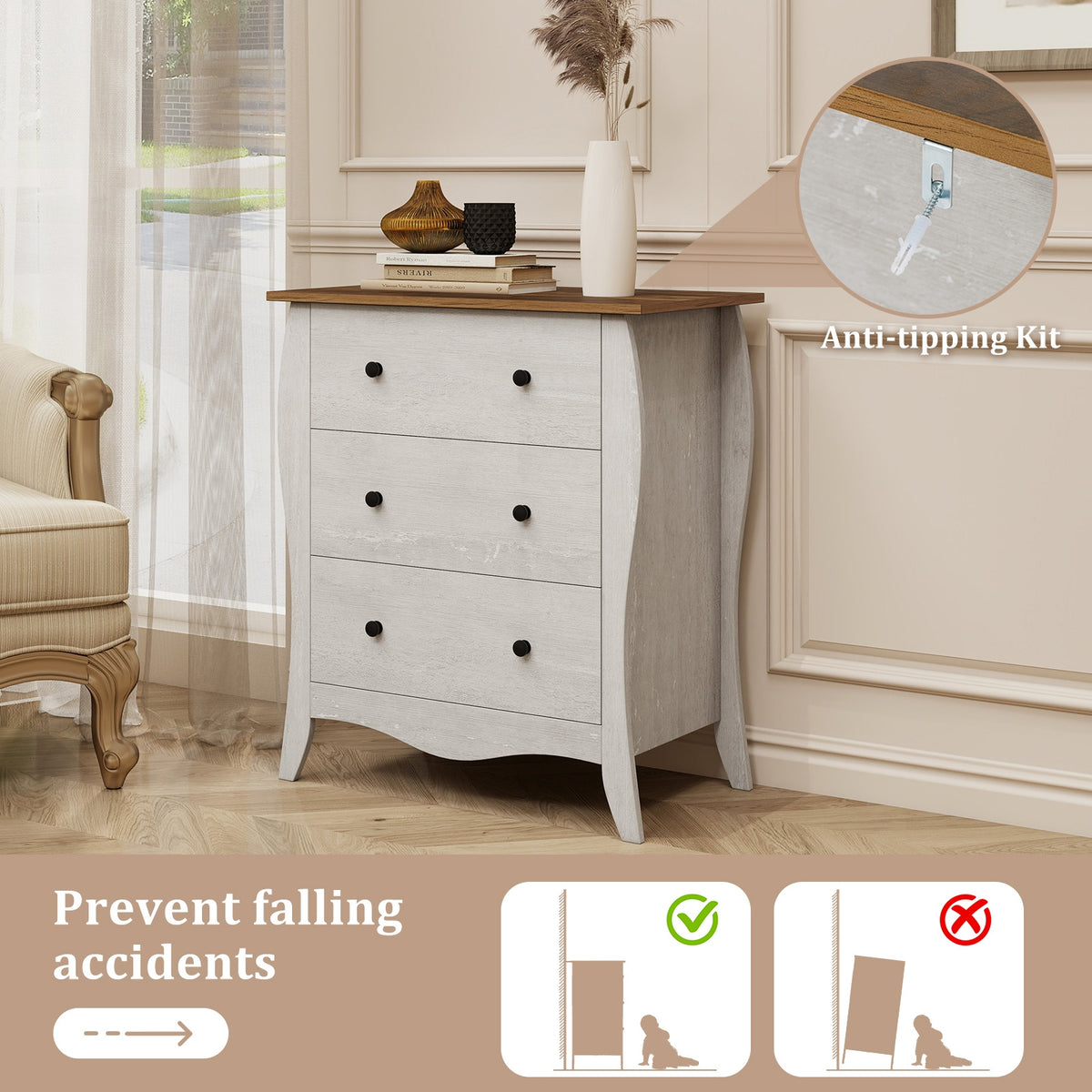 Dresser with 3 Fabric Drawers - Gray (min order qty 2)-Dressers & Chests-DECOROLALA