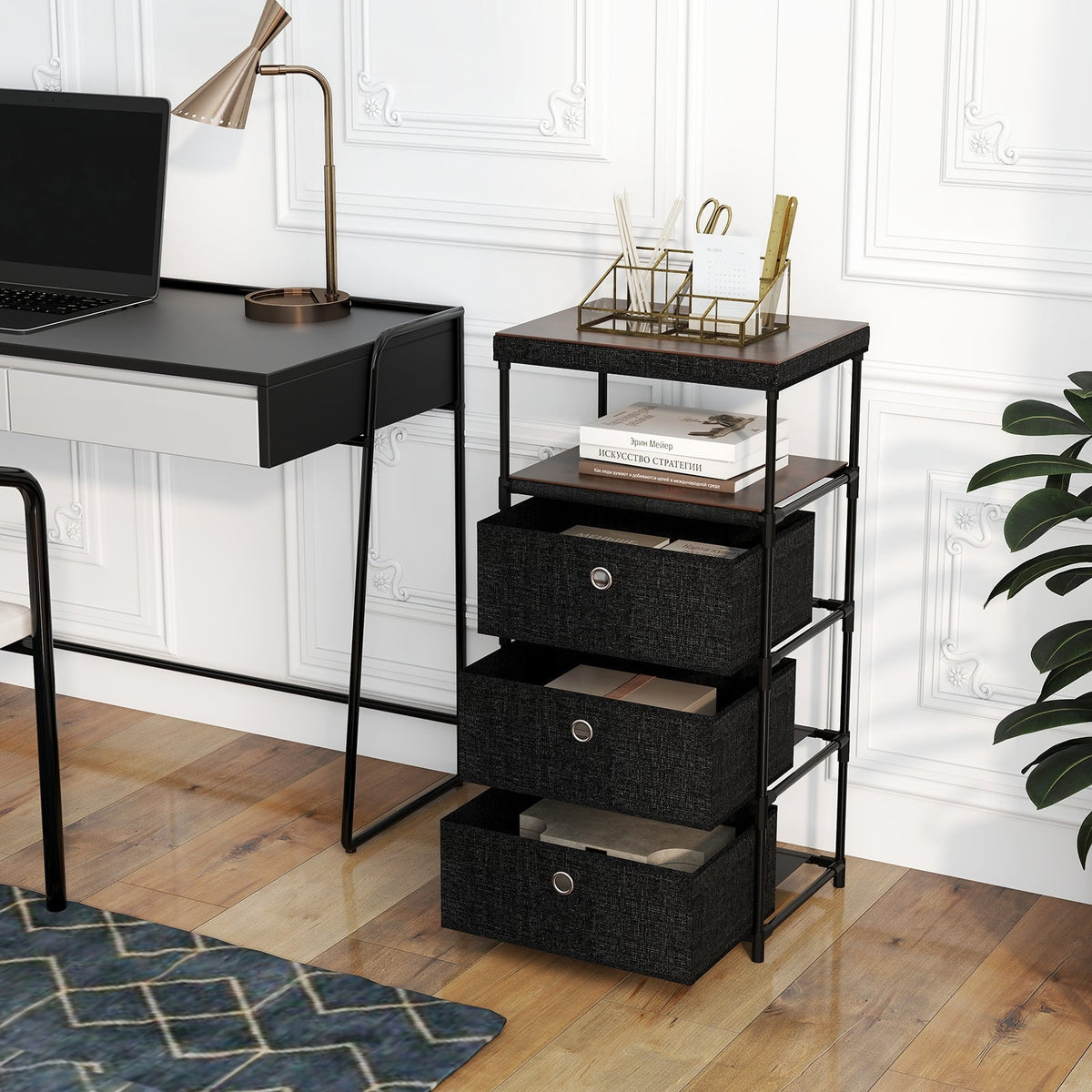 Dresser with 3/4 Drawers Fabric Storage Tower with Wood Top and Metal Frame-M-Dressers & Chests-DECOROLALA