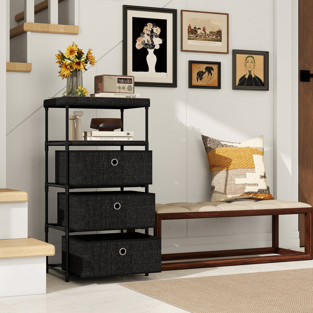 Dresser with 3/4 Drawers Fabric Storage Tower with Wood Top and Metal Frame-M-Dressers & Chests-DECOROLALA