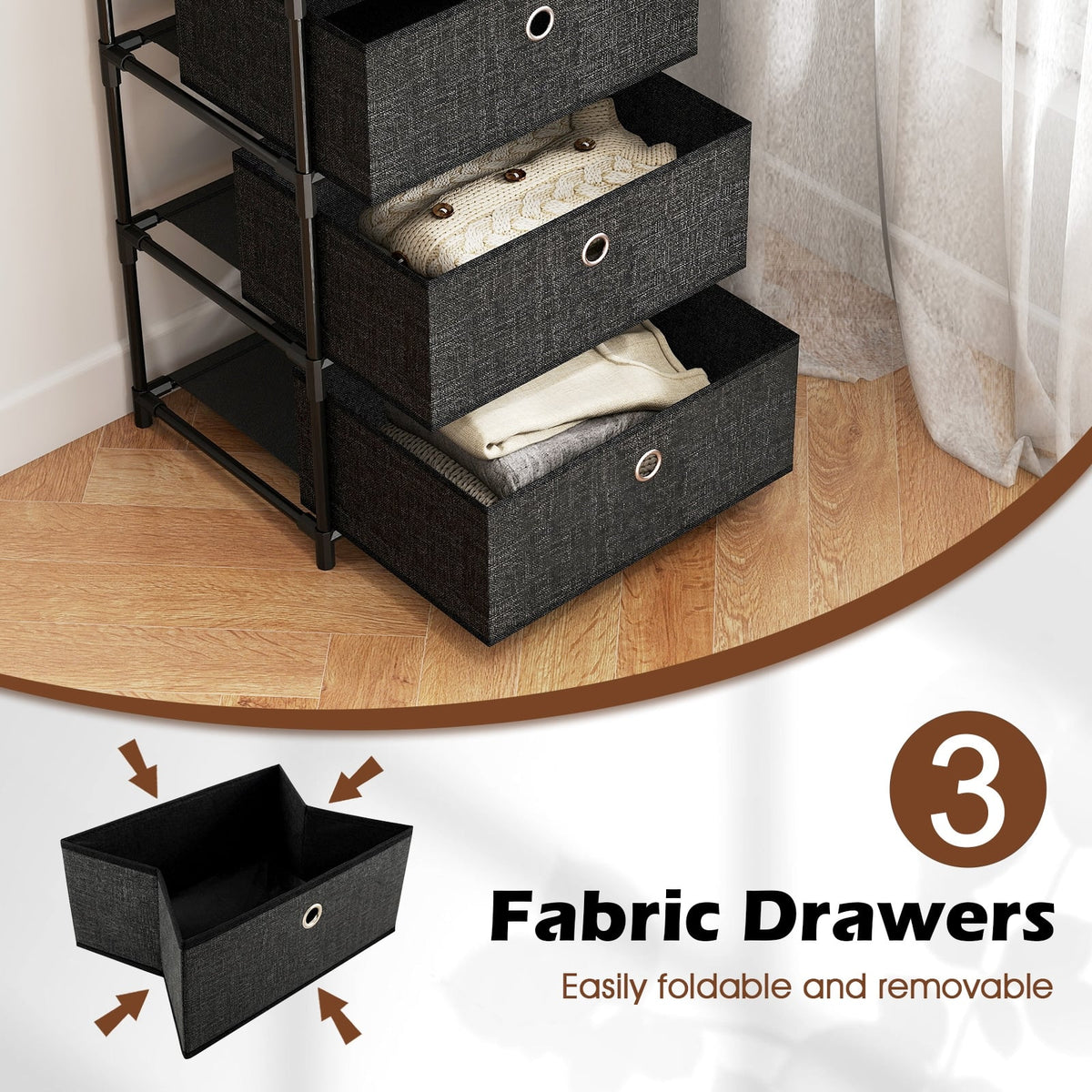 Dresser with 3/4 Drawers Fabric Storage Tower with Wood Top and Metal Frame-M-Dressers & Chests-DECOROLALA