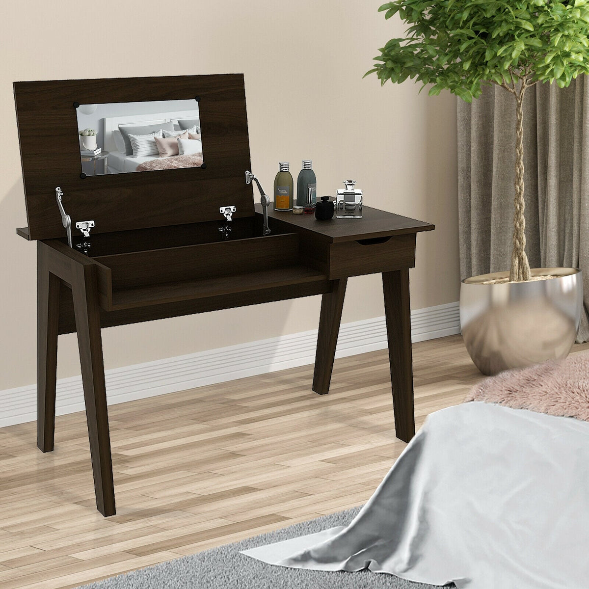 Dressing Table with Flip Mirror and Storage Drawer-Makeup Vanities-DECOROLALA
