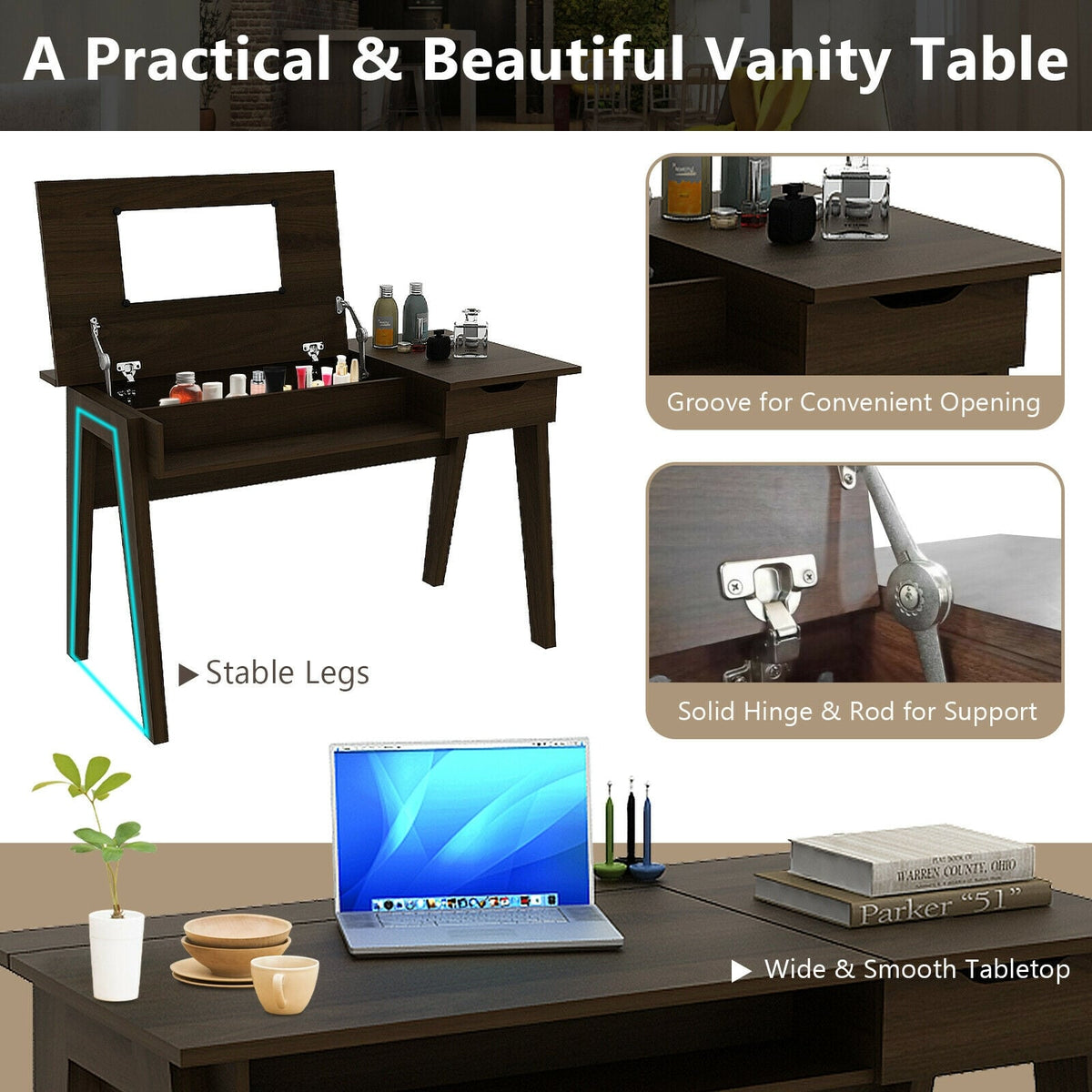 Dressing Table with Flip Mirror and Storage Drawer-Makeup Vanities-DECOROLALA