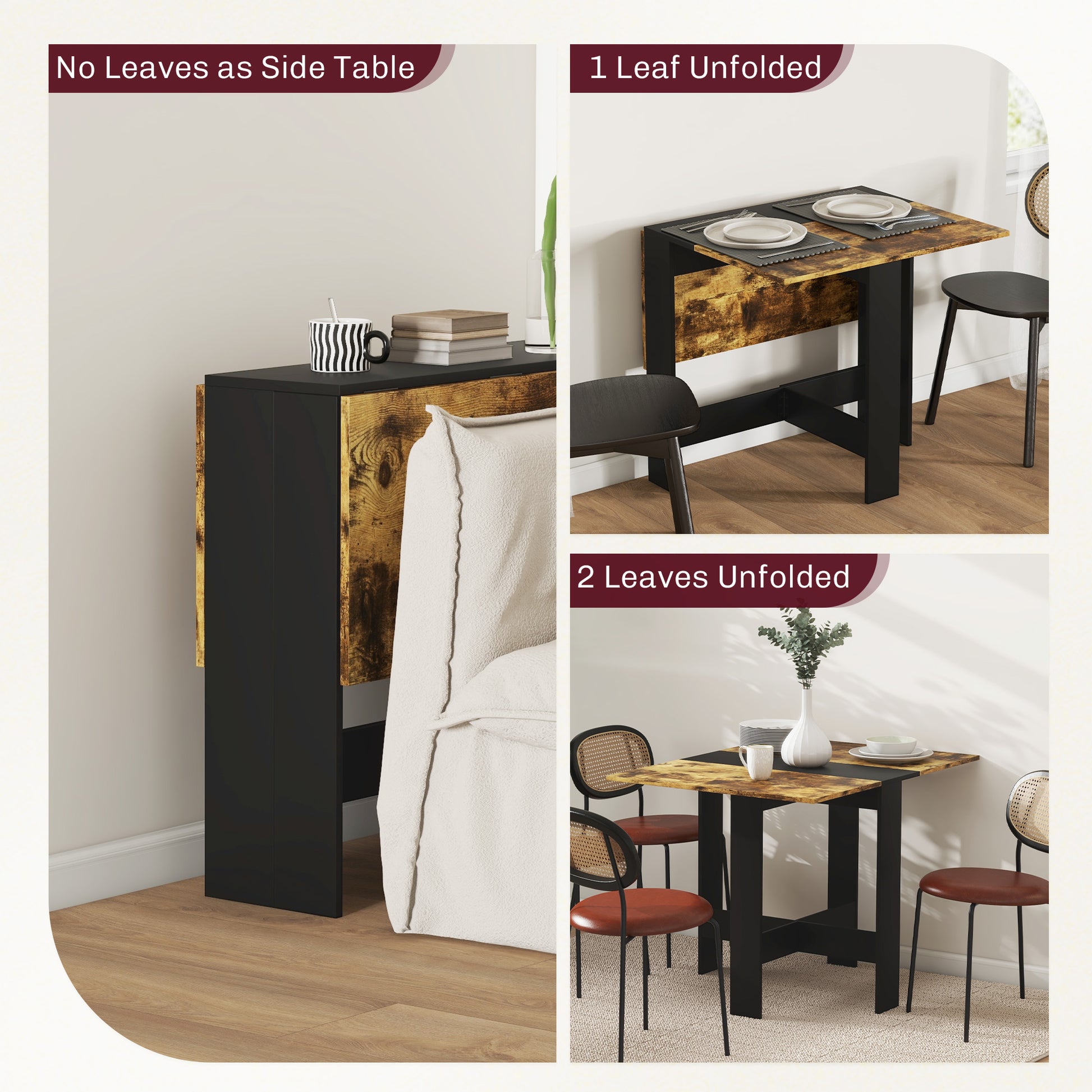 Drop Leaf Dining Table Wood Folding Table Multi-Use Side Table Dining Desk Space Saving Table, Rustic Brown and Black-Home Furnishings > Kitchen & Dining Furniture > Dining Tables-DECOROLALA