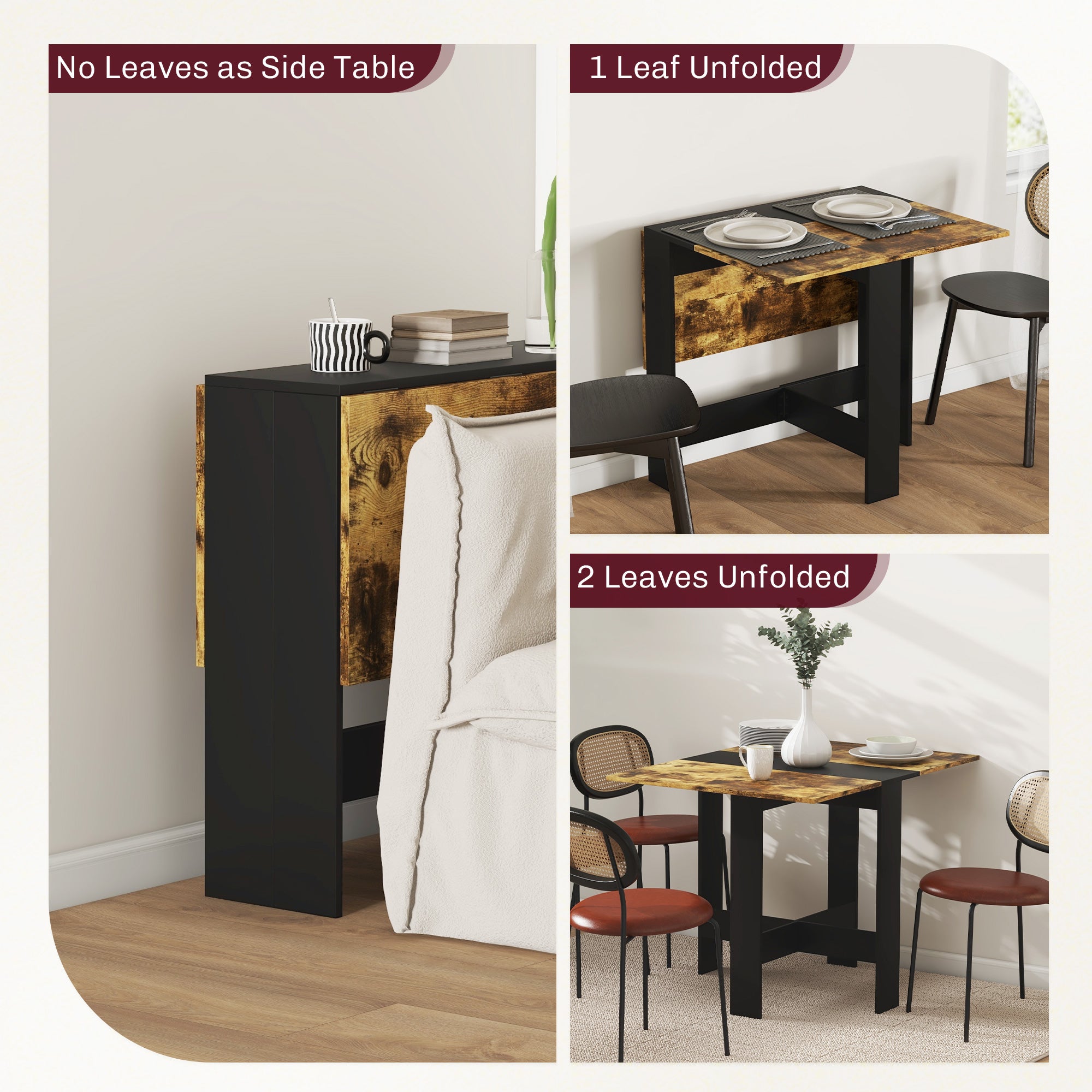 Drop Leaf Dining Table Wood Folding Table Multi-Use Side Table Dining Desk Space Saving Table, Rustic Brown and Black-Home Furnishings > Kitchen & Dining Furniture > Dining Tables-DECOROLALA