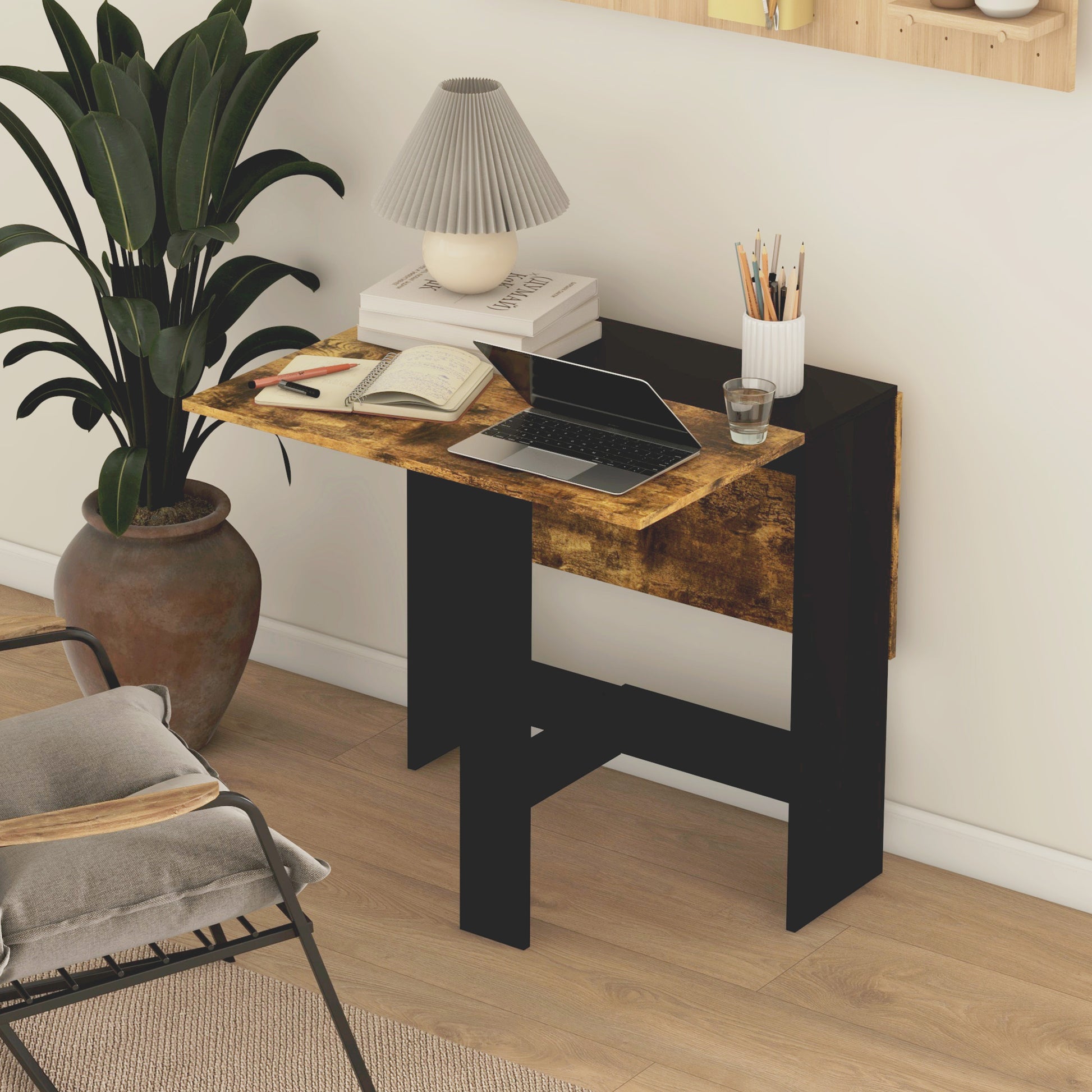 Drop Leaf Dining Table Wood Folding Table Multi-Use Side Table Dining Desk Space Saving Table, Rustic Brown and Black-Home Furnishings > Kitchen & Dining Furniture > Dining Tables-DECOROLALA